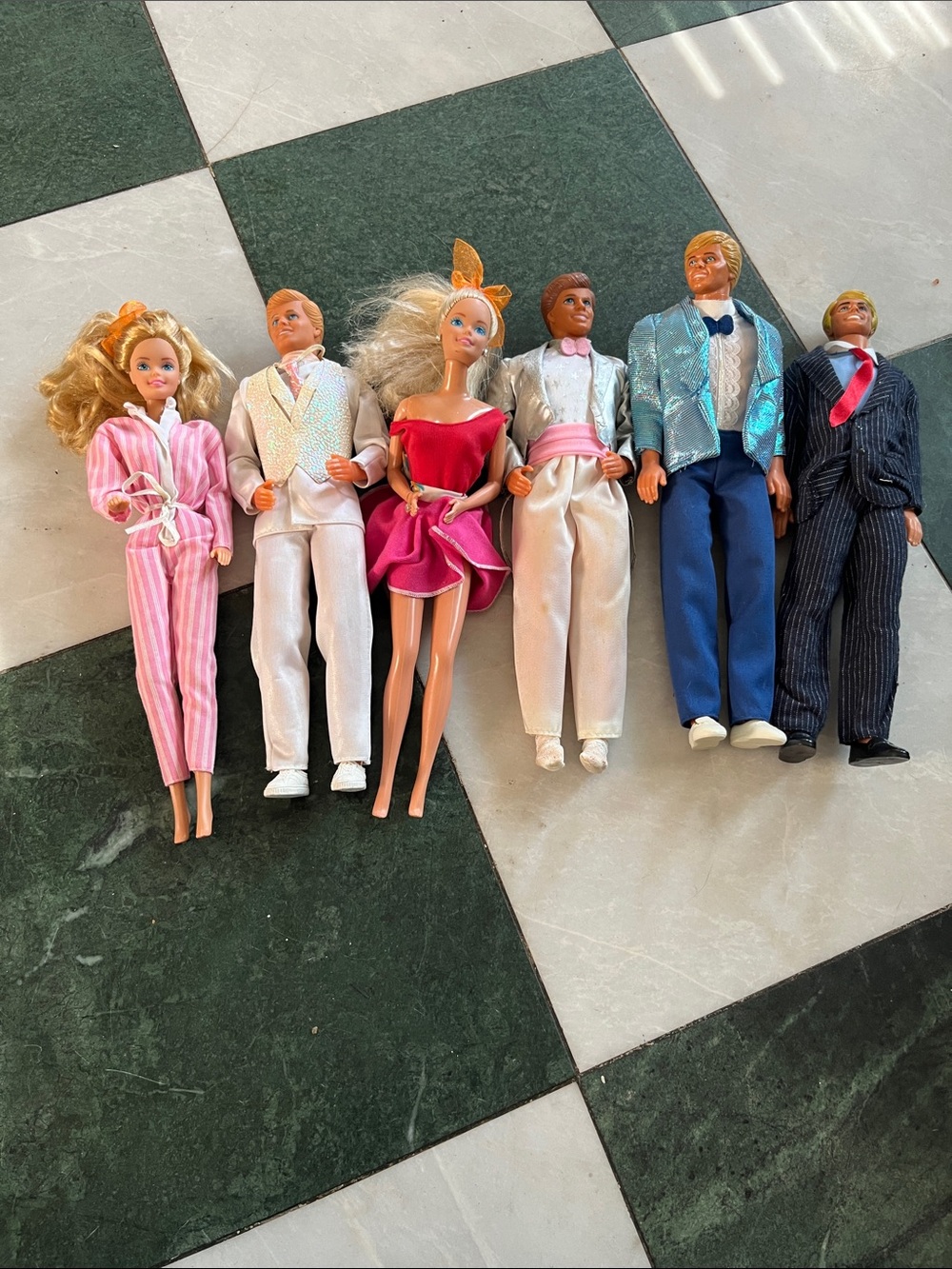 Vintage 1988 Mattel Dolls Set with Pink, White, Blue, Black, Red Outfits